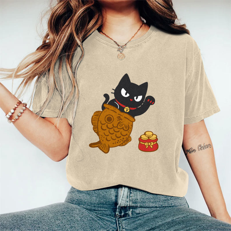 100% Cotton Women's Japanese Lovely Fish Black Cat Art Print Casual T-shirt - Khaki - 2XL - image 2