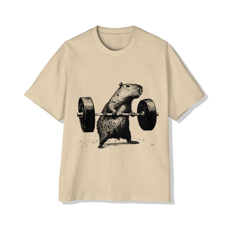 Unisex Capybara Lifting Weights Print Short Sleeved Crew Neck T-Shirt - Apricot - 2XL - image 3