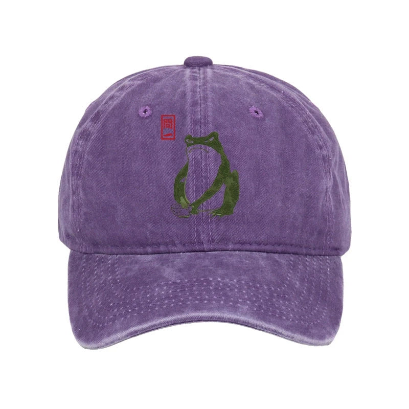 Unisex 100% Cotton Woodblock  Print Frog Vintage Print Cap - Purple - one size - image 5
