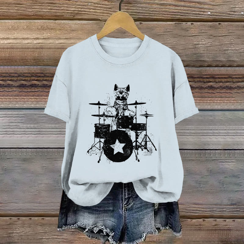 100% Cotton Vintage Rockstar Kitty Beats Drums Printed T-shirt - Blue - 2XL - image 4