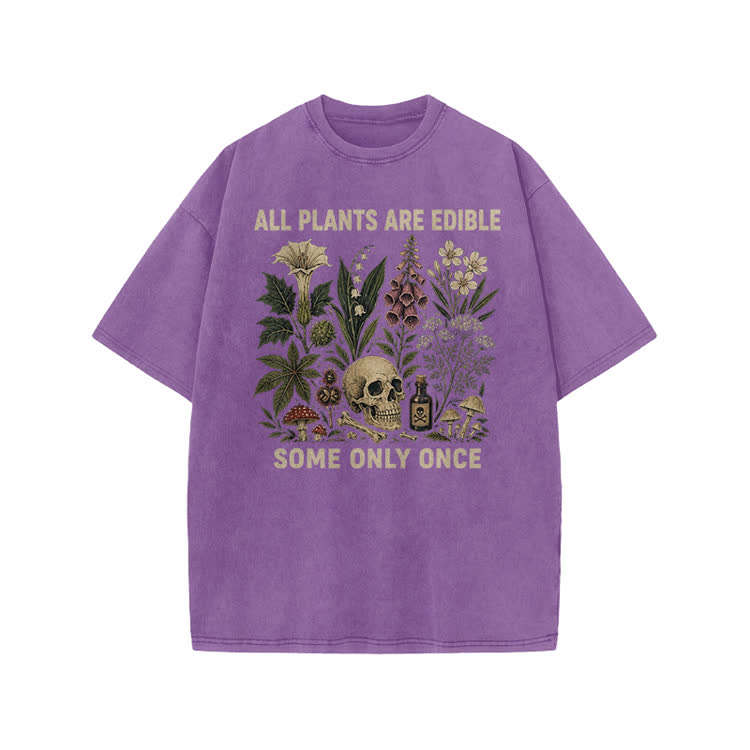 Unisex Edible Plants Some Only Once Joke Print Acid Washed T-shirt - Purple - US20-22(3XL) - image 5
