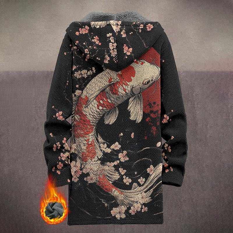 Japanese Watercolor Sakura & Koi Print Unisex Plush Thick Long-sleeved Fleece Jacket Coat - image 3