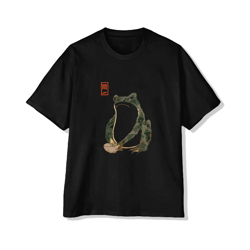 Unisex Japanese Art Cute Frog Short Sleeve Crew Neck T-shirt - Black - 2XL - image 4