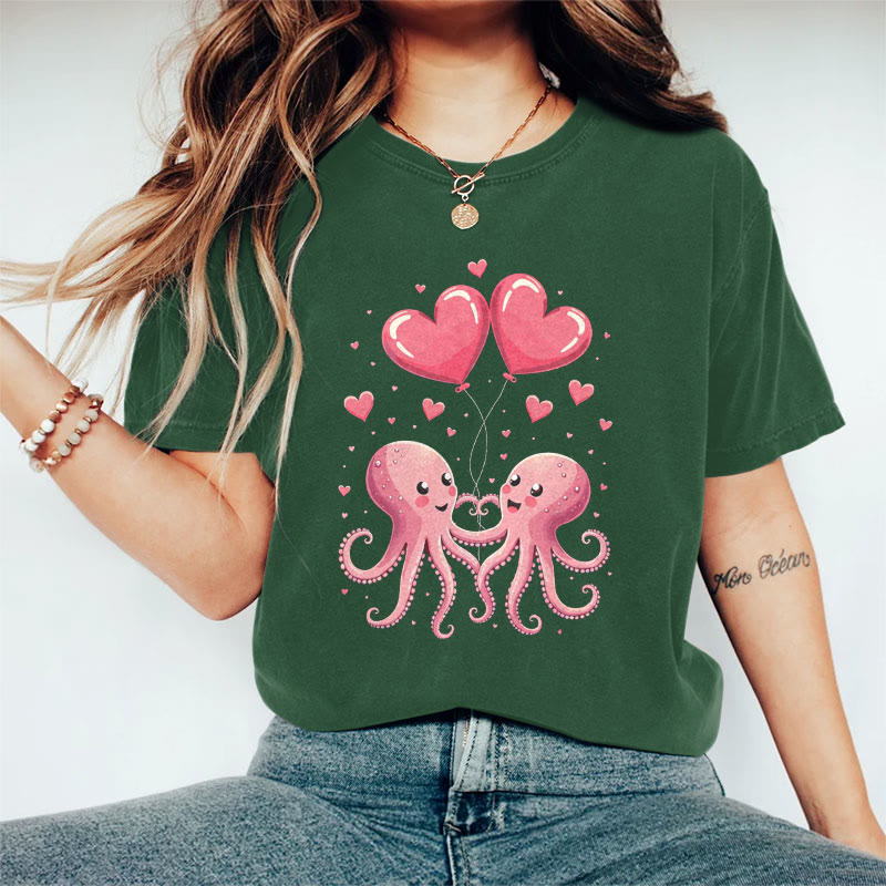 100% Cotton Valentine's Day Octopus Heart T-shirt - Green - 2XL - image 6