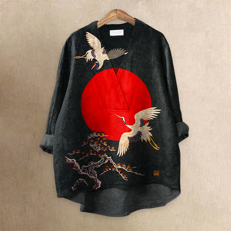 Cranes & Sunrise Japanese Art Vintage Printed Casual V-neck Blouse - Black - 6XL - image 2