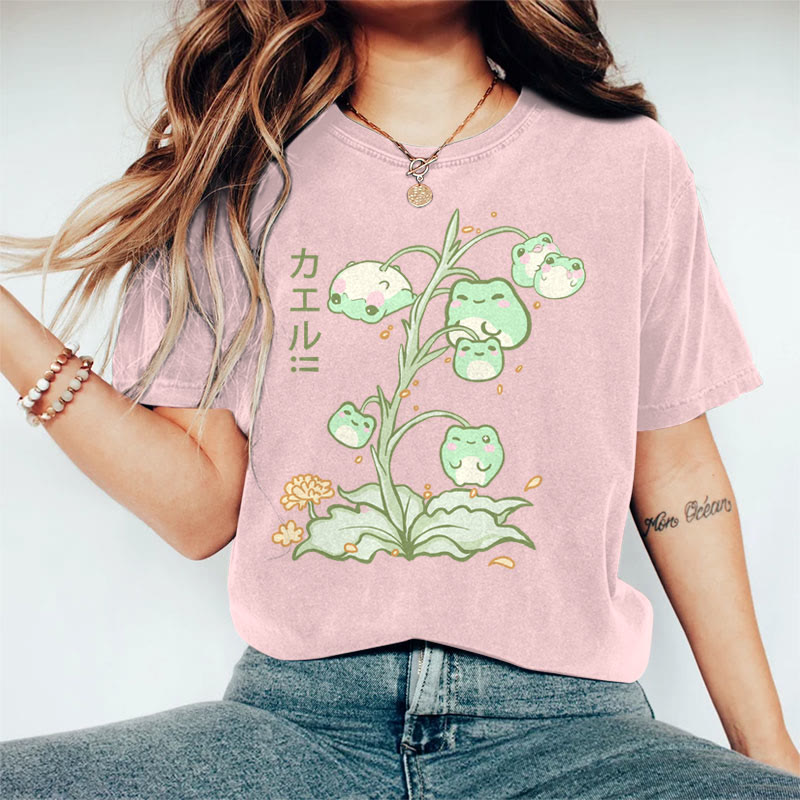 100% Cotton Women's Japanese Lovely Cat Plant Art Print Casual T-shirt - Pink - 2XL - image 3