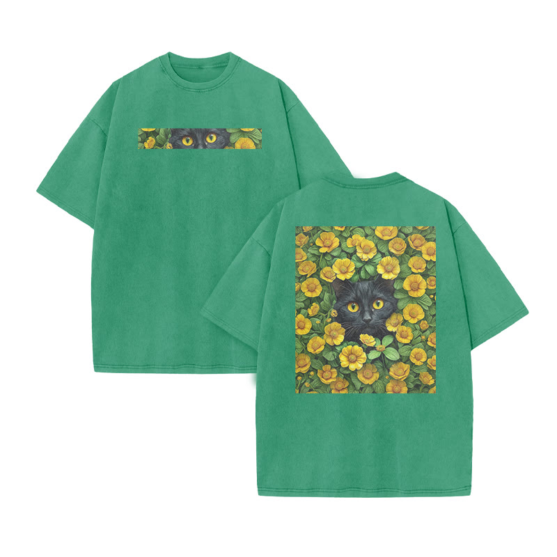 A Black Cat In A Field Of Yellow Flowers Print Acid Washed T-shirt - Green - US20-22(3XL) - image 6