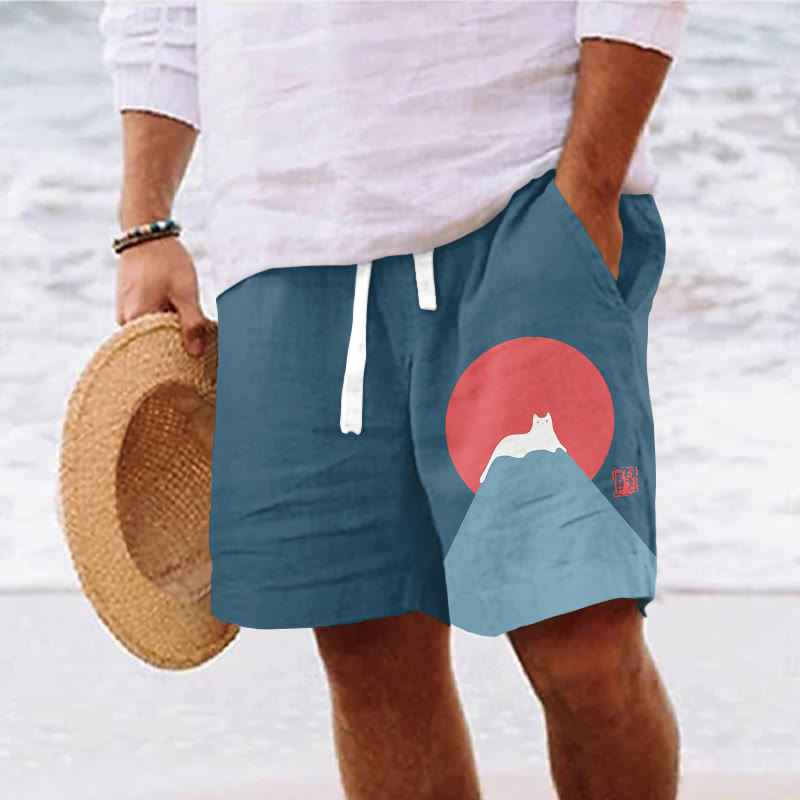 Men's White Cat Snow On Mount Fuji Japanese Art Print Casual Drawstring Beach Shorts - Blue - 5XL - image 4