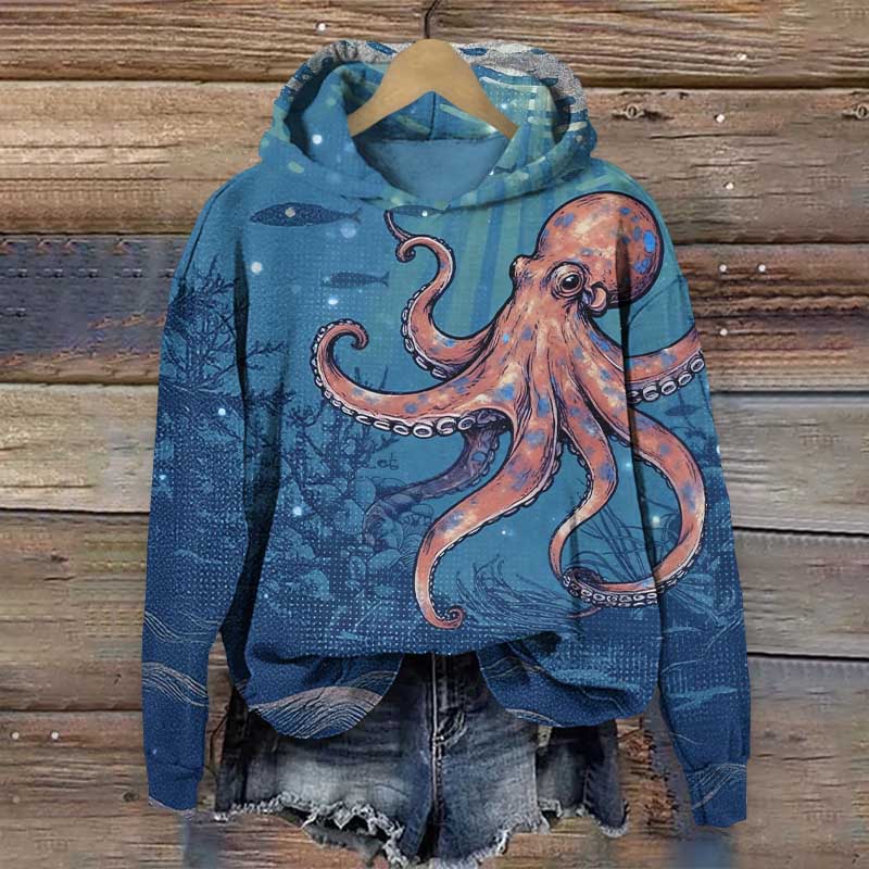 Vintage Underwater Octopus Art Print Long Sleeve Hoodie - Blue - US44-46(8XL) - image 2