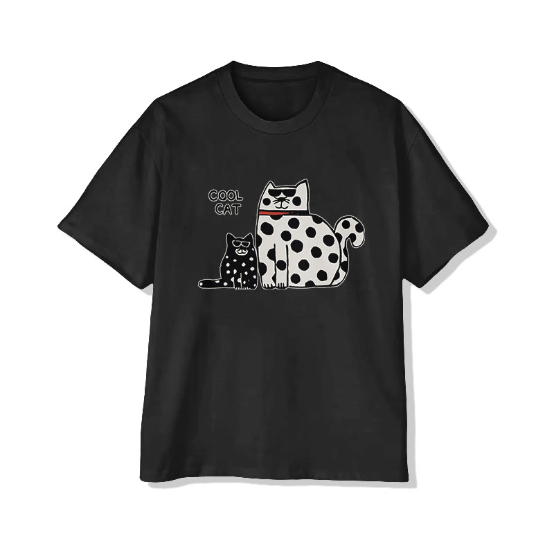 Vintage Cozy Polka Dot Kitten Print Pattern Cotton Print T-shirt - Black - US16-18(2XL) - image 7