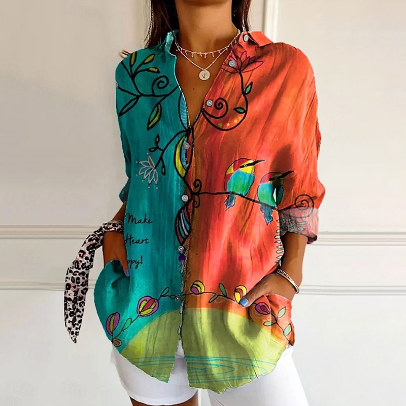 Retro Tropical-Style Color-Block Floral and Bird Pattern Print Long Sleeve Blouse - Orange - 4XL - image 1