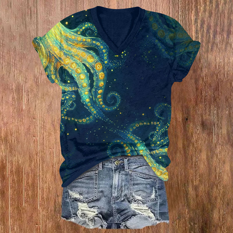 Japanese Unique Octopus Tentacles Print V-neck T-shirt - Blue - US32-34(5XL) - image 2