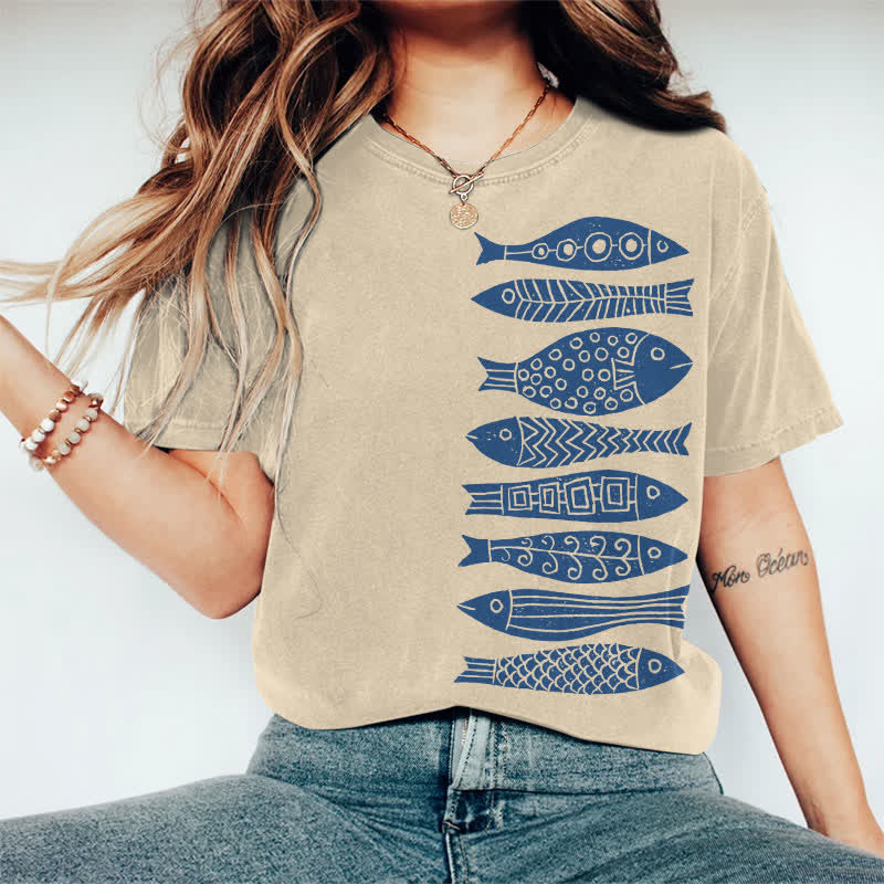 100% Cotton Fish Japanese Lino Art Print Casual T-shirt - Apricot - 2XL - image 13
