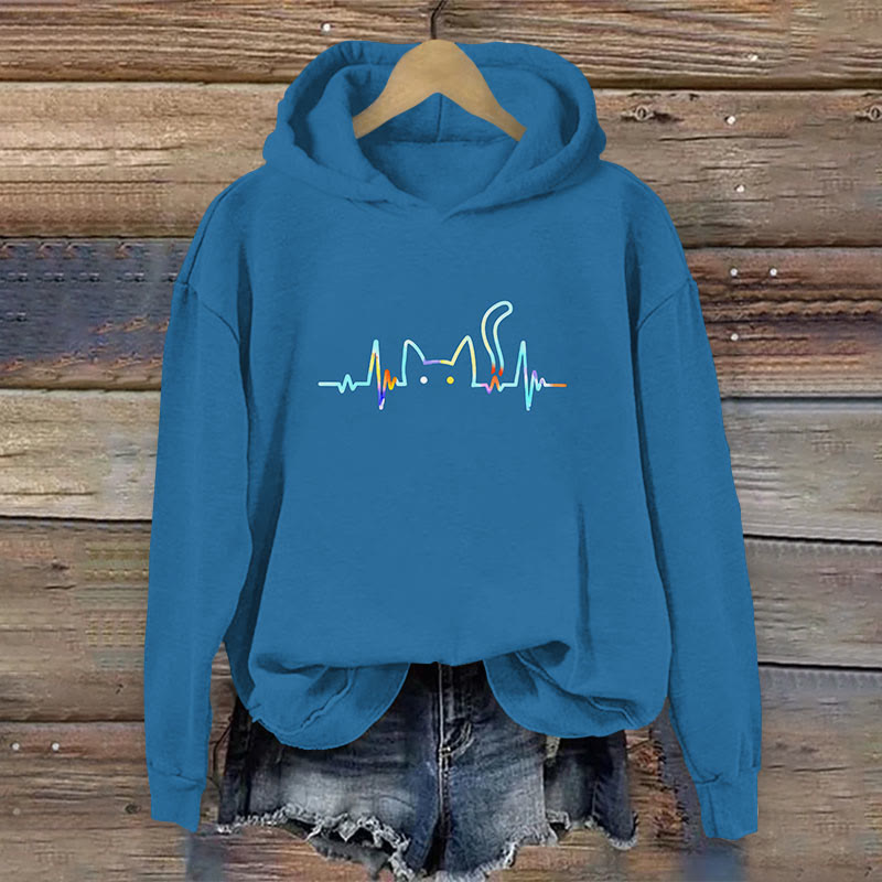 Rainbow ECG Cat Print Long Sleeve Hoodie - Blue - 8XL - image 3
