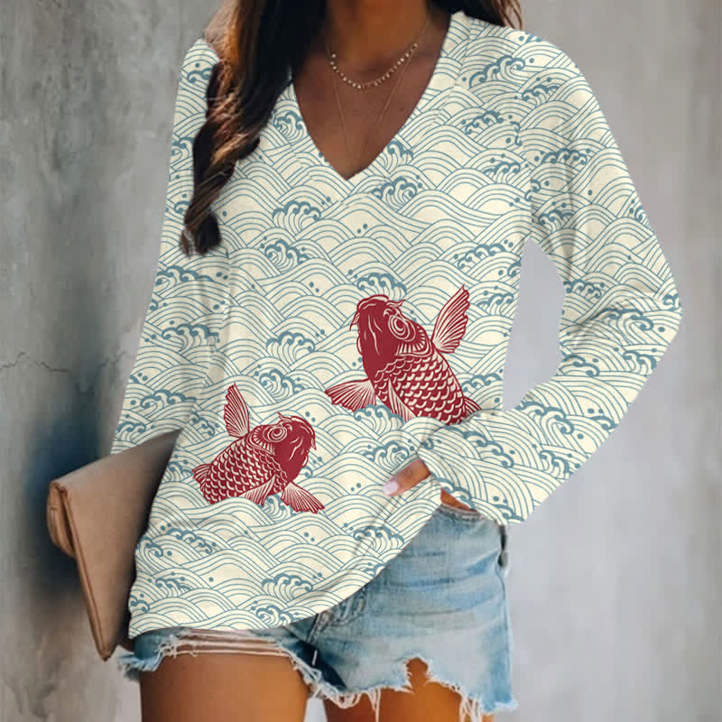 Japanese Cute Koi In Ocean Wave Pattern Print Long Sleeve T-shirt - Light Blue - 5XL - image 3