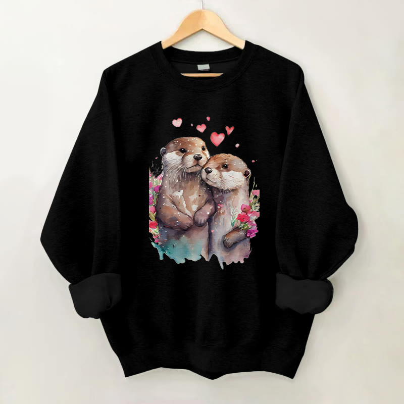 100% Cotton Valentine's Day Sea Otter Print Crew Neck Sweatshirt - Black - 2XL - image 3