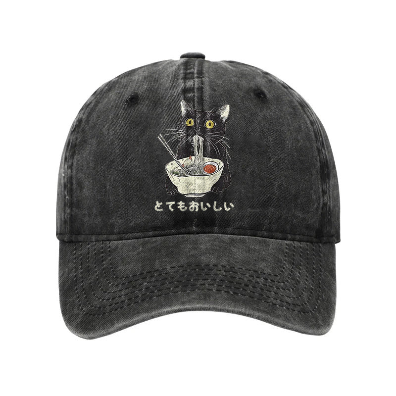 Unisex 100% Cotton Cats Eat Ramen Noodles Vintage Print Cap - Black - one size - image 4
