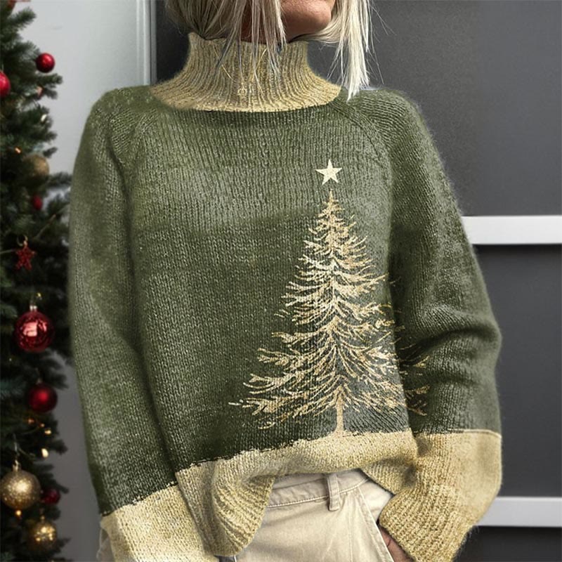 Lovely Star Christmas Tree Print Turtleneck Pullover Sweater - image 4