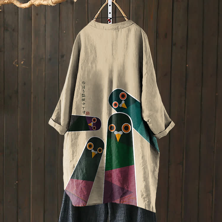 Japanese Retro Surveillance Bird Pattern Print Cardigan - Apricot - US 30-32 (6XL) - image 3