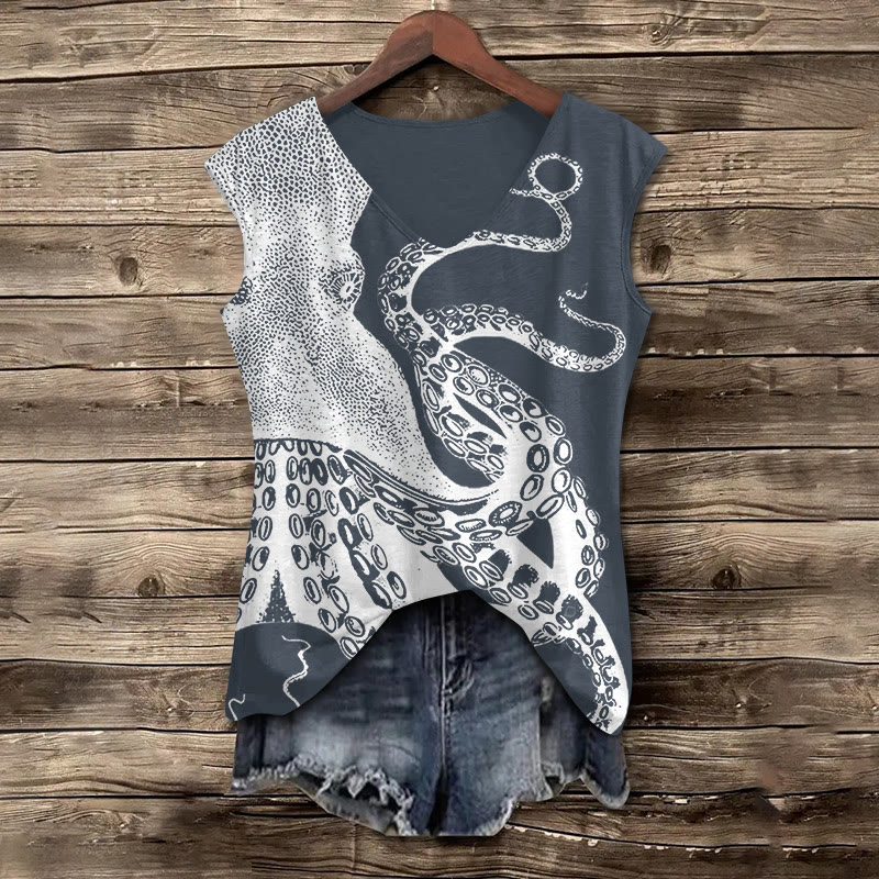 Japanese Art Octopus Graphic Print V-neck Tank Top - Navy Blue - 5XL - image 2