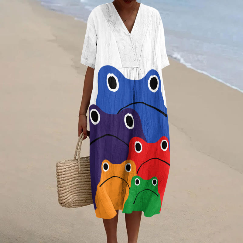 Cascading Rainbow Japanese Frog Print Short-sleeved Midi Dress - White - 5XL - image 3