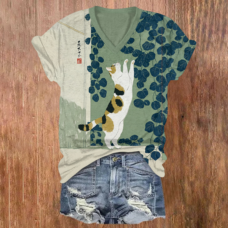 Japanese Art Cat Print Short Sleeved V-neck T-shirt - Green - US32-34(5XL) - image 1