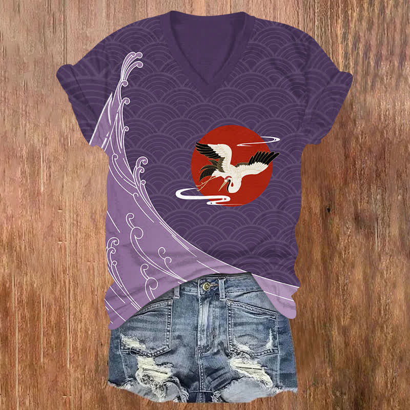 Japanese Vintage Wave Pattern & Crane Print V-neck T-shirt - Purple - US32-34(5XL) - image 4