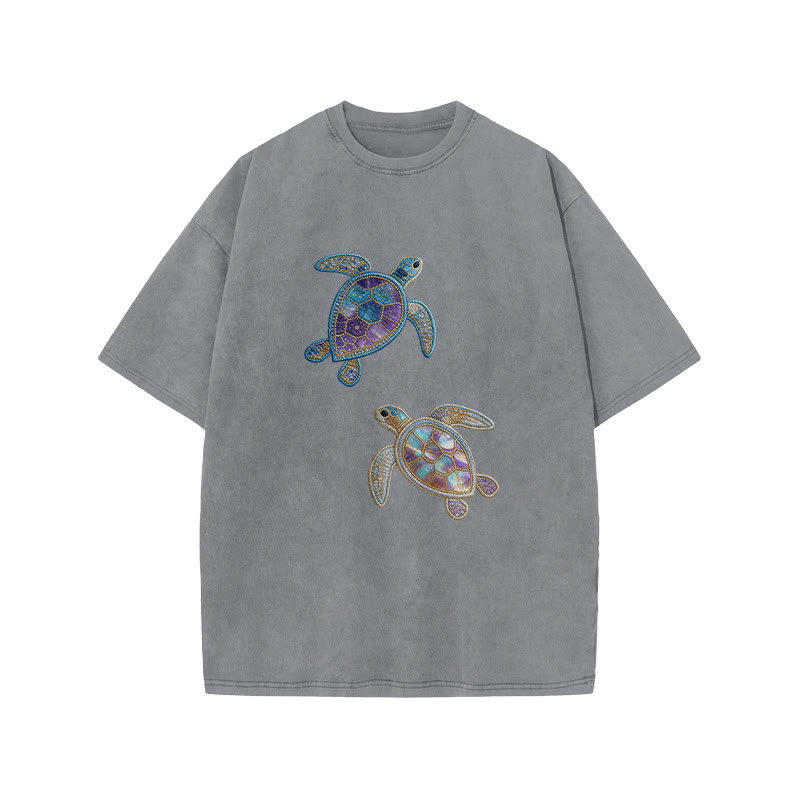 Creative Gemstone Sea Turtle Print Acid Washed T-shirt - Grey - US20-22(3XL) - image 4