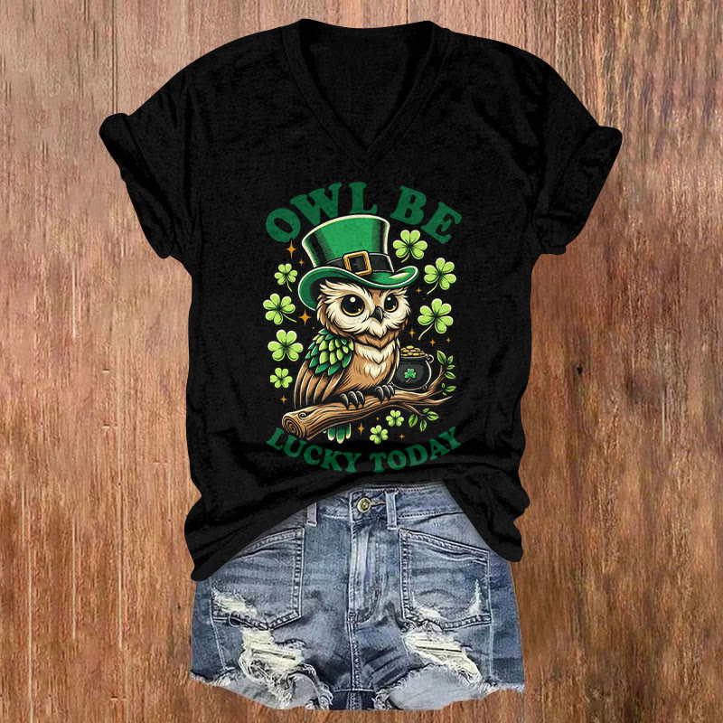 St. Patrick's Day Owl Be Lucky Today Short Sleeved V-Neck T-Shirt - Black - US32-34(5XL) - image 3