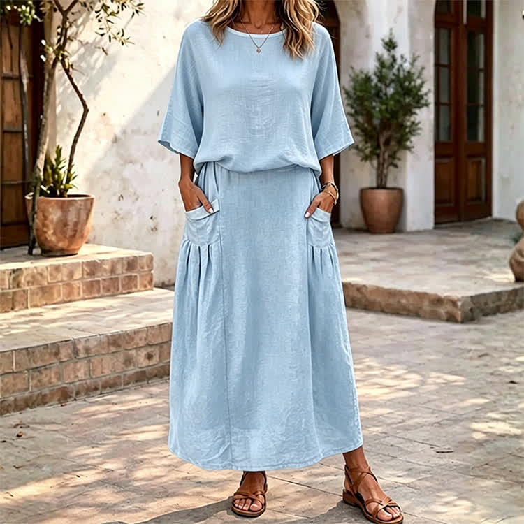 Elegant Solid Print 3/4 Sleeve Casual Blouse & Solid Pocket Skirt Set - Light Blue - 4XL - image 4