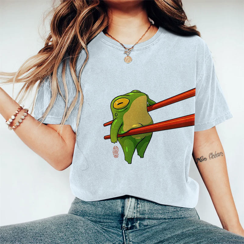 100% Cotton Funny Chopsticks Frog Art Print Casual T-shirt - Blue - 2XL - image 8