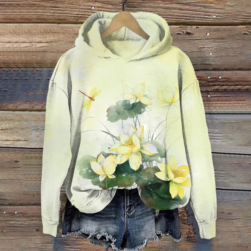 Lovely Lotus Blossom & Dragonfly Art Print Long Sleeve Hoodie - Green - US44-46(8XL) - image 2