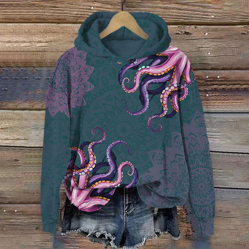 Vintage Flower & Octopus Art Print Long Sleeve Hoodie - Grey - US44-46(8XL) - image 3