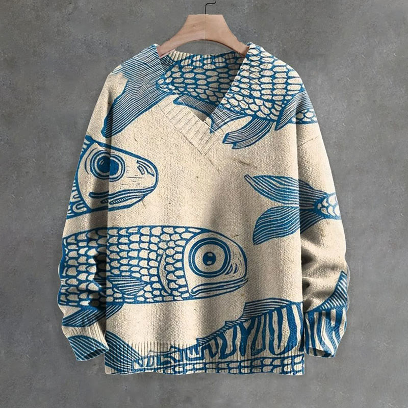 Blue Minimalist Line Fish Print Causal V-neck Pullover Unisex Sweater - image 3