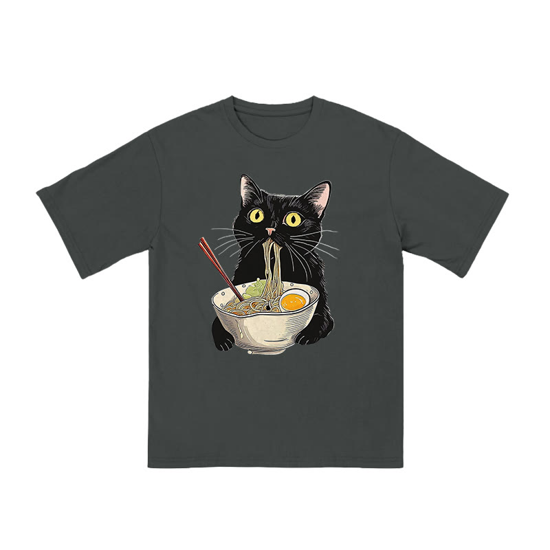 Unisex 100% Cotton Cat Eating Ramen Print T-shirt - Grey - US20-22(3XL) - image 3