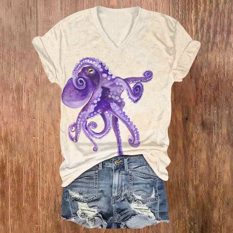 Ocean Artistic Octopus Print V-neck T-shirt - Apricot - US32-34(5XL) - image 4