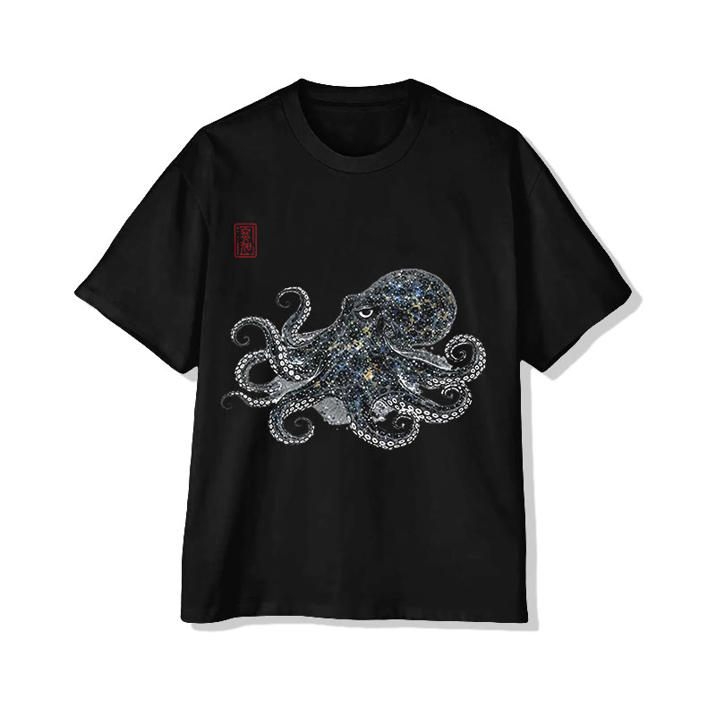 Japanese Creative Blinking Octopus Print Short Sleeved Crew Neck T-shirt - Black - 2XL - image 3