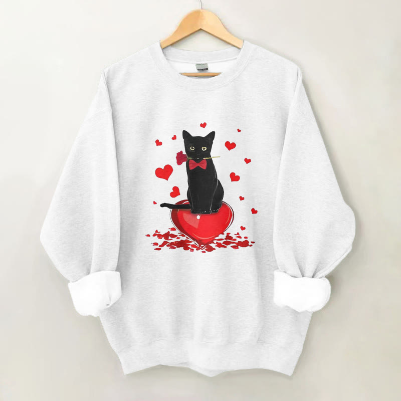 100% Cotton Valentine's Day Cat Hearts Print Crew Neck Sweatshirt - White - 2XL - image 5