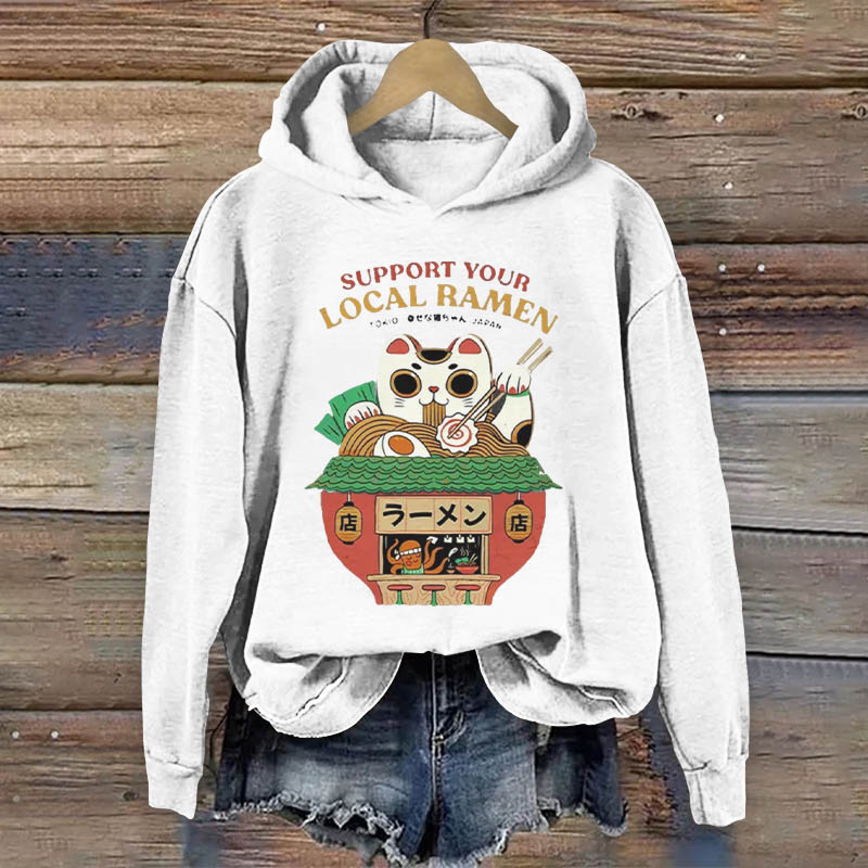 100% Cotton Lucky Cat Eating Ramen Mic  Painting Long Sleeve Hoodie - White - 8XL - image 1
