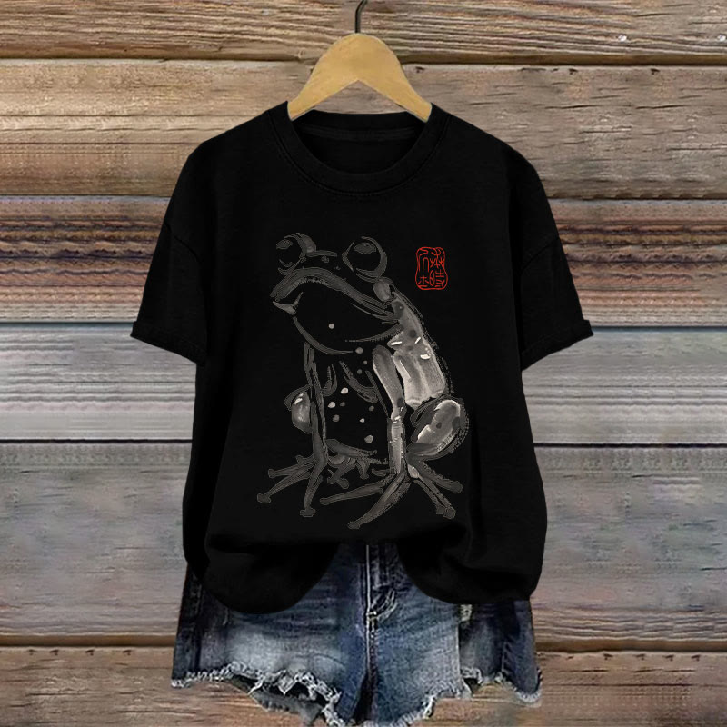 Dashingsoul 100% Cotton Japanese Retro Curious Frog Print T-shirt