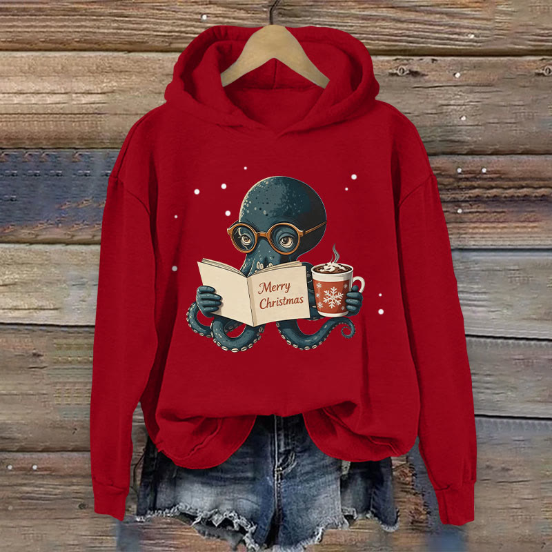 Christmas octopus cartoon pattern Art Print Long Sleeve Hoodie - Red - US44-46(8XL) - image 2