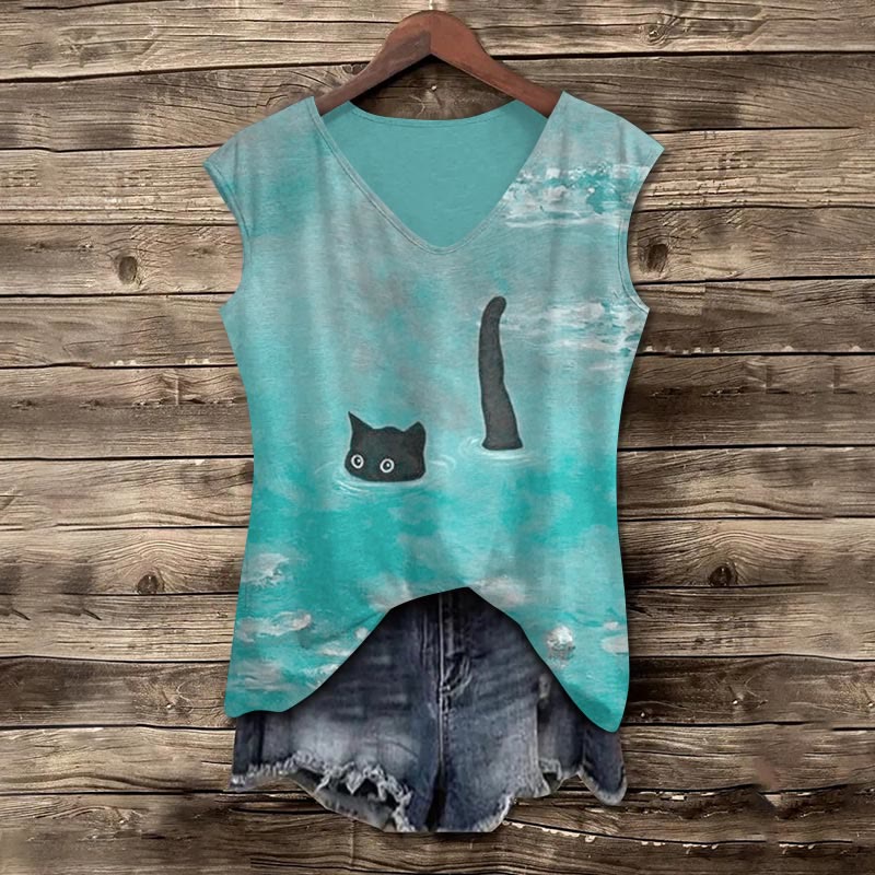 Women's Oil Painting Cat V-neck Tank Top - Light Blue - 5XL - image 5