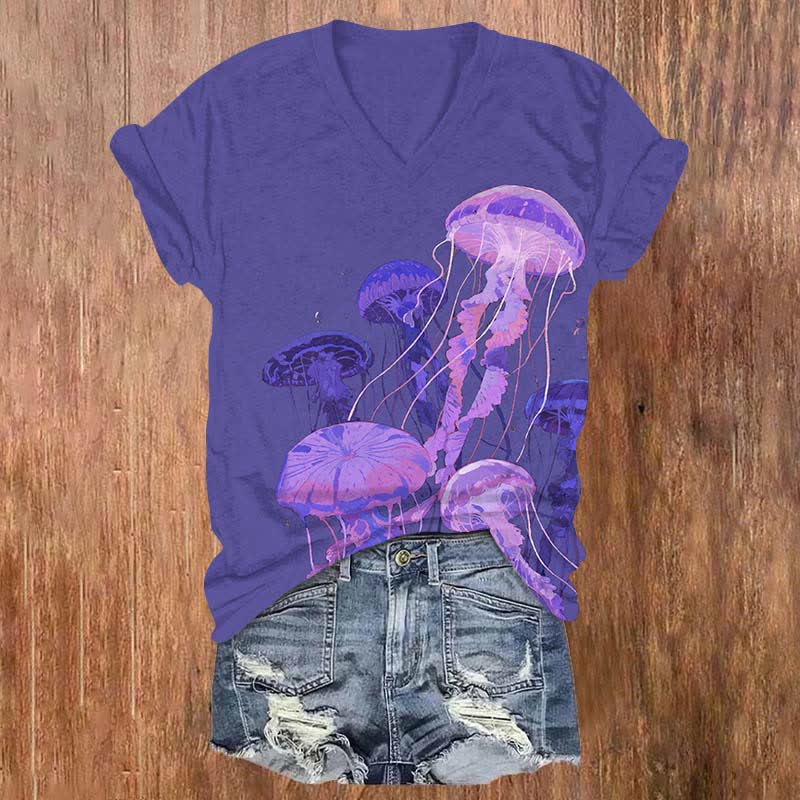 Oil Painting Fantasy Octopus Art Print V-neck T-shirt - Purple - US32-34(5XL) - image 2