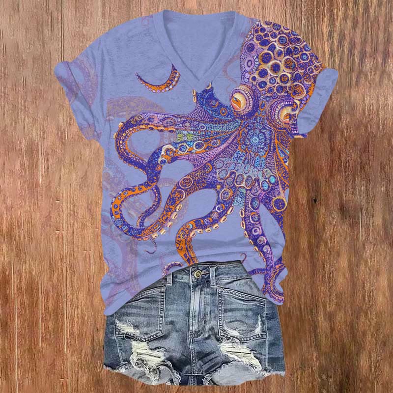 Unique Exquisite Octopus Pattern Print V-neck T-shirt - Light Purple - US32-34(5XL) - image 4