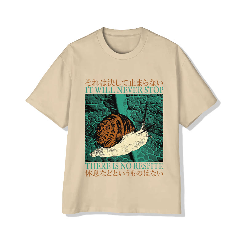 Unisex Vintage Japanese Snail It Will Never Stop  Print Short Sleeve Crew Neck T-Shirt - Apricot - 2XL - image 4