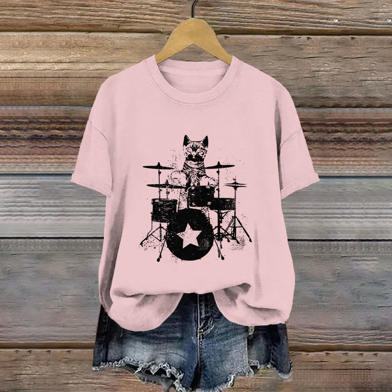 100% Cotton Vintage Rockstar Kitty Beats Drums Printed T-shirt - Pink - 2XL - image 5