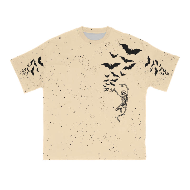 Unisex Dancing Skeleton Bats Halloween Print T-shirt - Apricot - 8XL - image 5