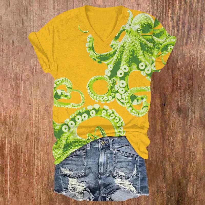 Japanese Watercolor Octopus Art Print V-neck T-shirt - Yellow - US32-34(5XL) - image 3