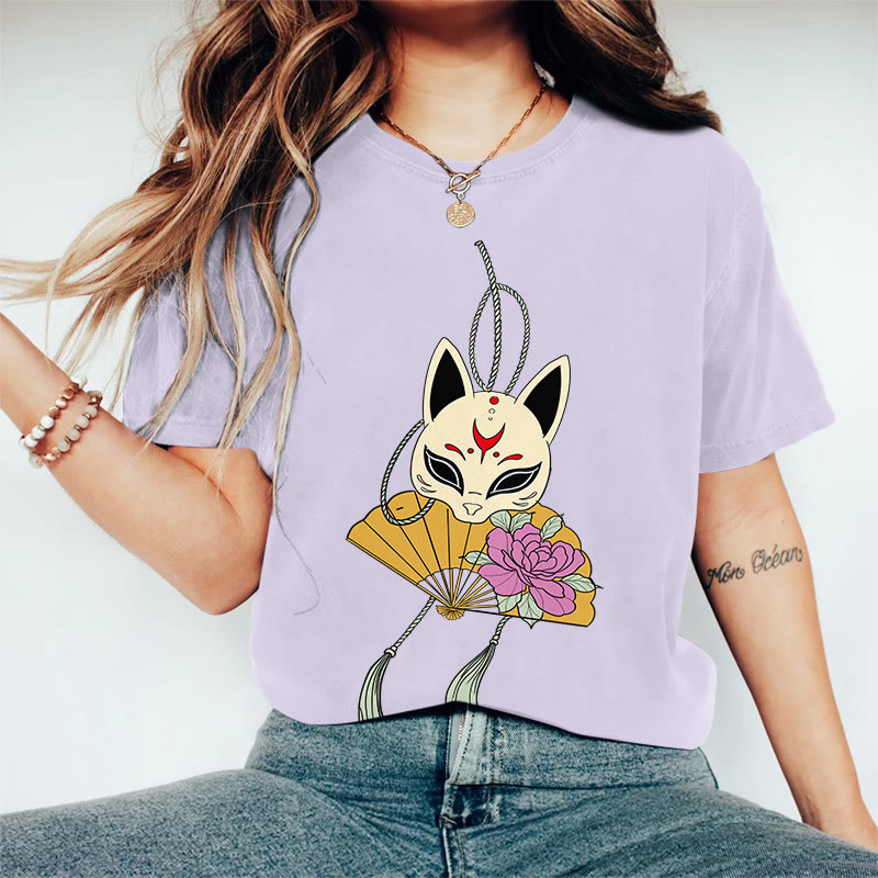 100% Cotton Women's Japanese Style Fox Mask Flower Fan Art Print Casual T-shirt - Purple - 2XL - image 3