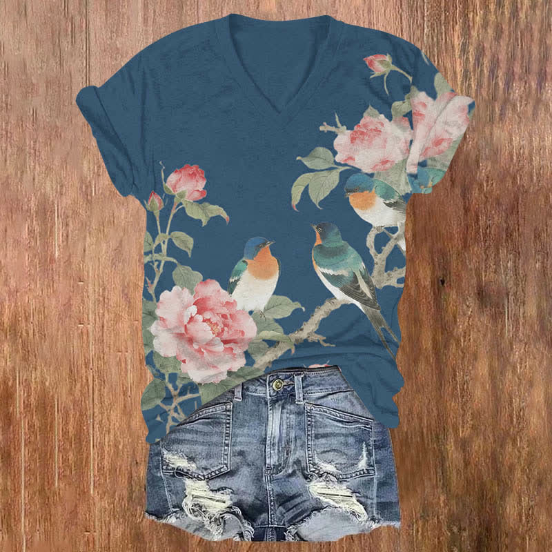 Vintage Rose Blossom & Bird Art Print V-neck T-shirt - Blue - US32-34(5XL) - image 3